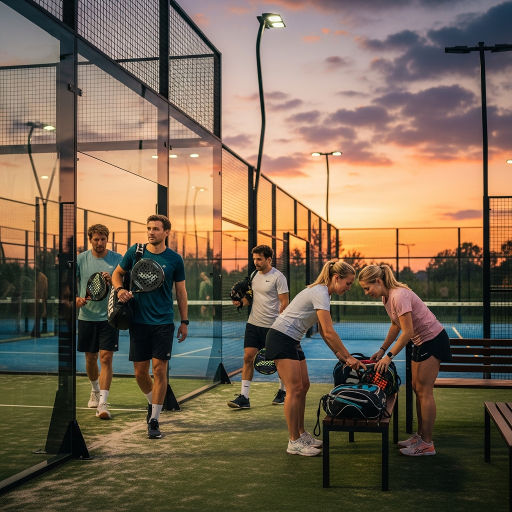 Spelers komen na werk aan op een padelbaan