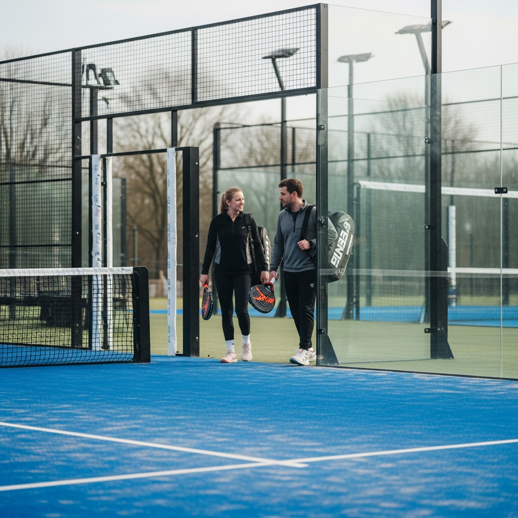 Beginners arriveren op de padelbaan voor hun eerste sessie
