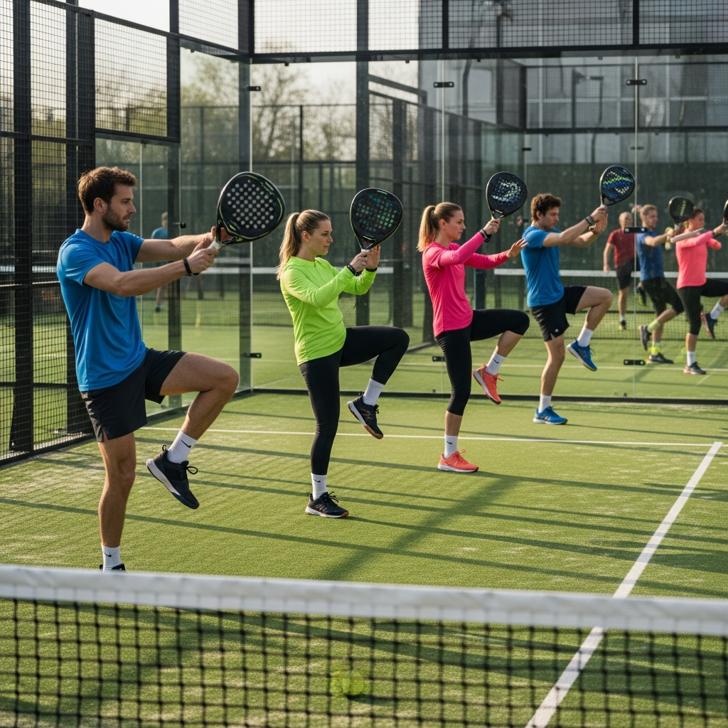 Beginners doen een korte warming-up op de padelbaan