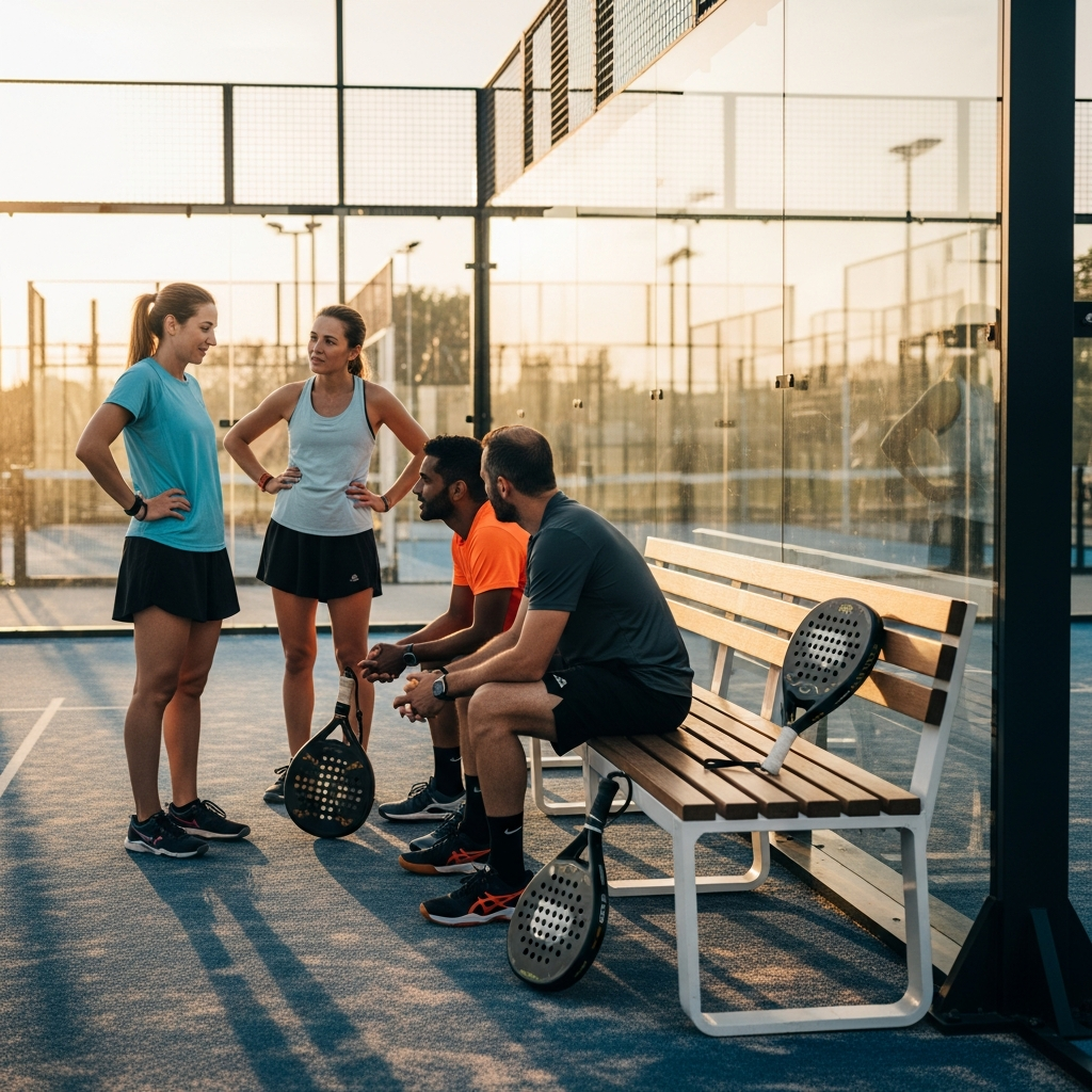 Beginners evalueren hun eerste padelsessie naast de baan