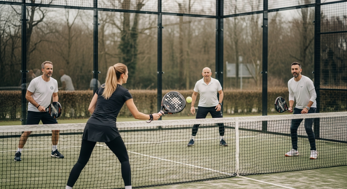 Gemengde groep speelt ontspannen dubbelspel op een padelbaan