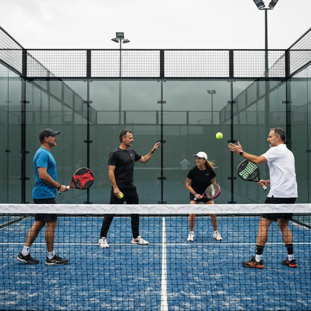Spelers passen hun positie aan bij wind op de padelbaan