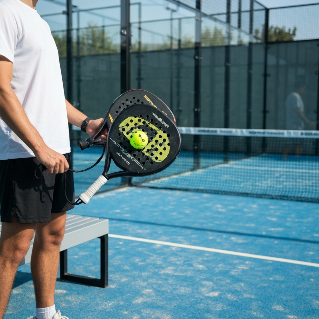 Beginner vergelijkt twee padelrackets op de baan